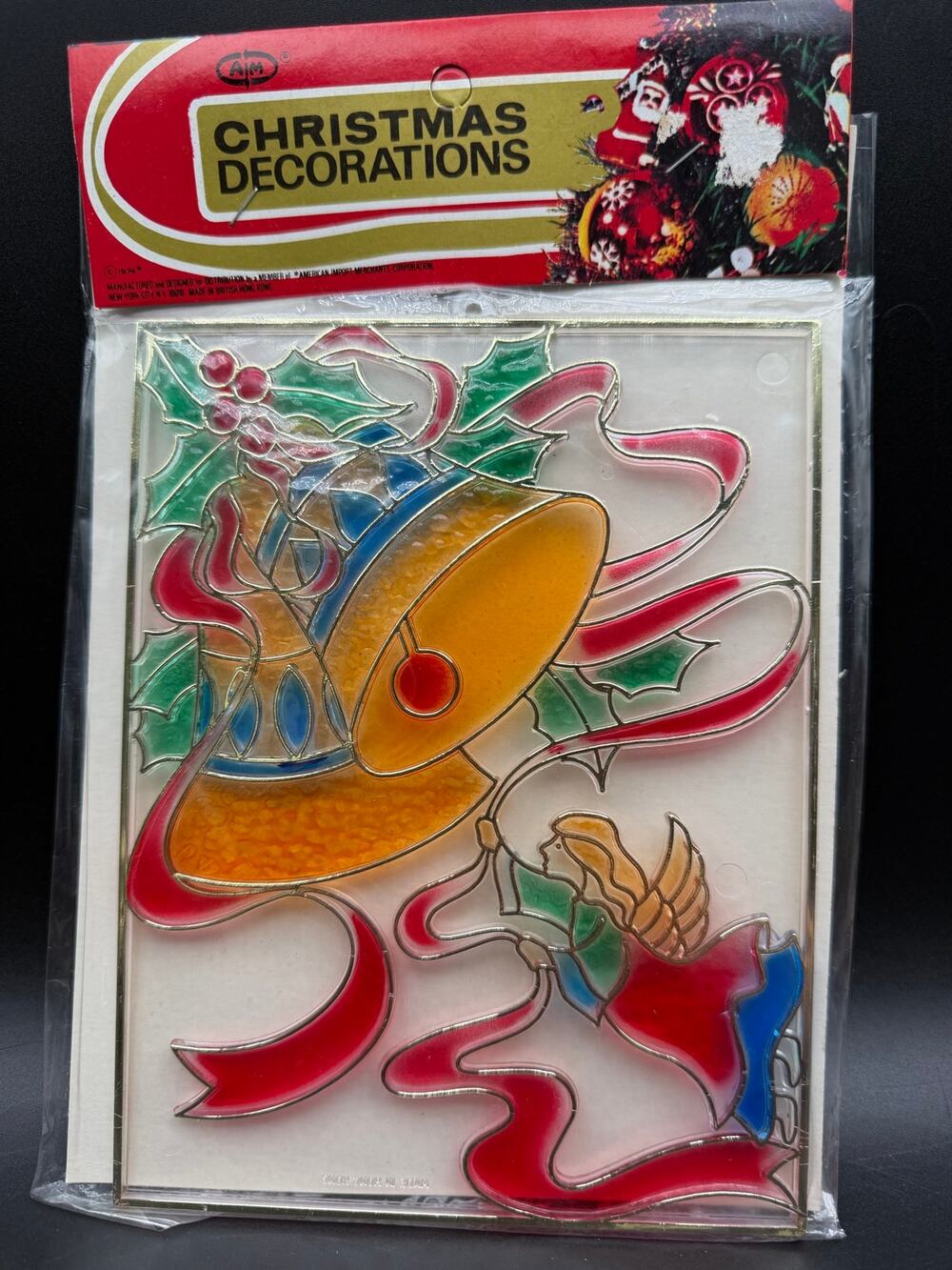 Vintage 1974 AIM Christmas Window Decoration Bells Angel Stained Glass Hong Kong